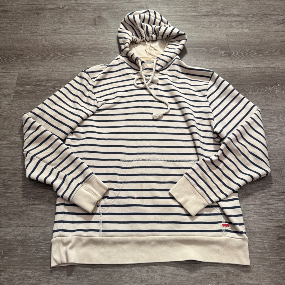Levis Hoodie Mens XL Cream Navy Striped Cotton French Terry Nautical Pullover